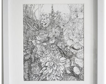 White Framed "In the Woods" Original Illustration Line Work 2020 Pen and Ink Drawing Weird Art Detailed