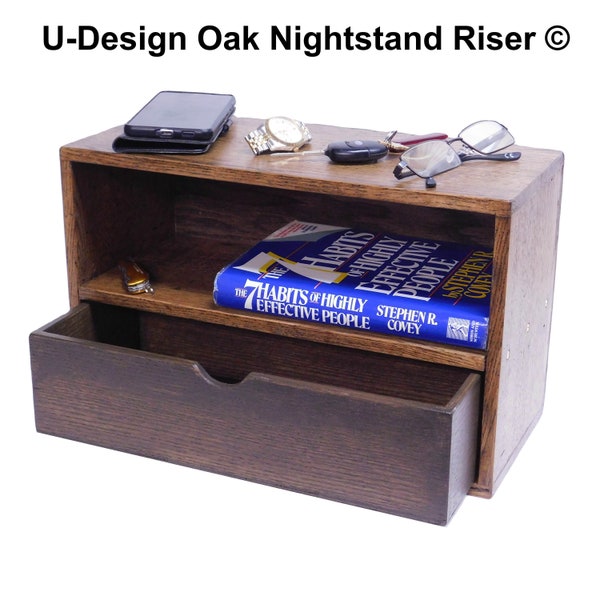 Oak Nightstand Riser 16 x 7 x 10, Bedside Storage, Pedestal, Plant stand, Clock, Phone, Shelf, Drawer, Decorative box, Organizer, U-Design ©