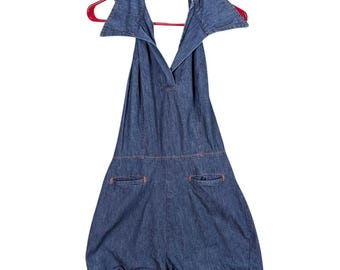 Vintage Romper Dam Liten Denim Kort Dragkedja Ärmlös Öppna Bakfickor Grimma