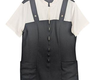 Vintaage Shirt Womens Medium Black White Short Sleeve Zip Patch Pockets 1970s