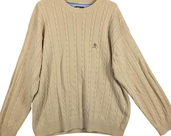 Vintage Tommy Hilfiger Sweater Mens XXL Beige Cable Knit Long Sleeve Crew Neck