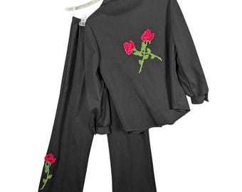 Vintage Pants Set Womens Medium Black Rose Patches Long Sleeves Disco Western