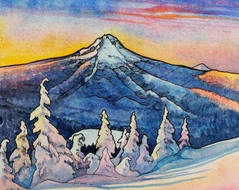 Mt Hood, art print,digital print,snow,mountain art,mountain painting,ink,Oregon,bend,Portland,sunrise,blue,nature,abstract art,8x8