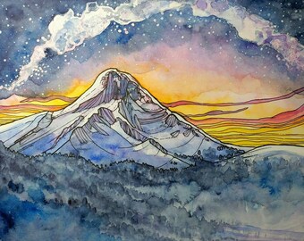 May include: Watercolor painting of a mountain peak with a starry night sky and a colorful sunset. The mountain is depicted in shades of blue and purple, with a white snowy peak. The sky is a deep blue with white stars and a pink and orange sunset.