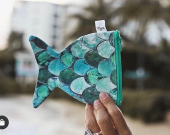 Turquoise Mermaid Dreams Coin Purse. Fish tails shaped Cotton bag designed in Hawaii