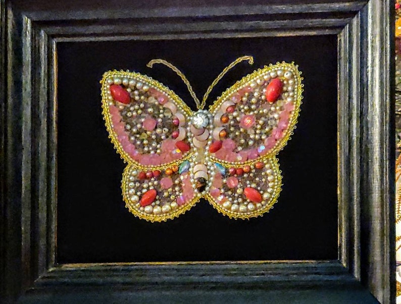 Vintage Framed Jewelery Mosaic on Black Velvet. Butterfly handma Vintage Framed Jewelery Mosaic on Black Velvet. Butterfly handma