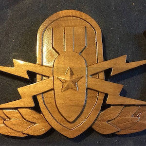 May include: A wooden, brown, military award with a bomb and lightning bolts. The award has a laurel wreath on each side.