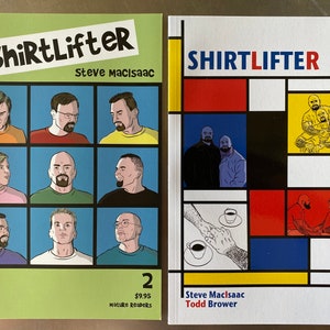 May include: Two comic books with the title "ShirtLifter" on the cover. The first book is green with a blue background and features nine illustrations of men. The second book is white with a red, yellow, blue, and black geometric design and features illustrations of men in various poses. The first book is labeled "2" and the second book is labeled "6".