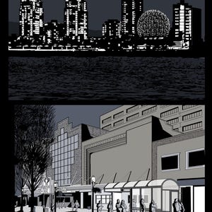 Peut inclure: Une illustration en noir et blanc d'un horizon urbain de nuit avec un grand d&ocirc;me g&eacute;od&eacute;sique au centre. L'horizon comprend plusieurs b&acirc;timents hauts avec des fen&ecirc;tres &eacute;clair&eacute;es. Le d&ocirc;me est une grande structure sph&eacute;rique avec un motif en grille. L'illustration est de style minimaliste avec un accent sur l'architecture.