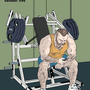 May include: Comic book cover titled "Shirtlifter number five." The illustration shows a muscular man in a gym, seated on a weight machine. He wears a yellow vest and blue shorts. The background is a muted green.