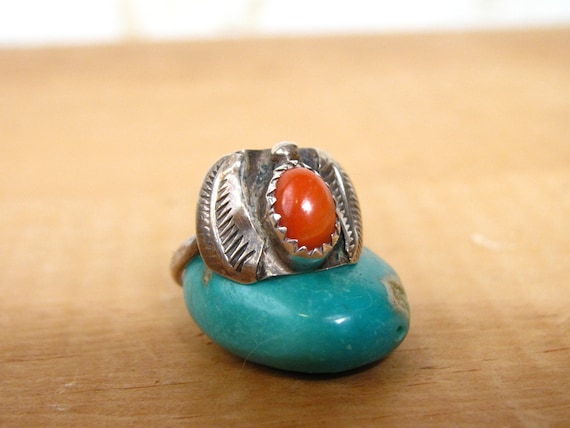 Vintage Native American RING Coral and Sterling Si