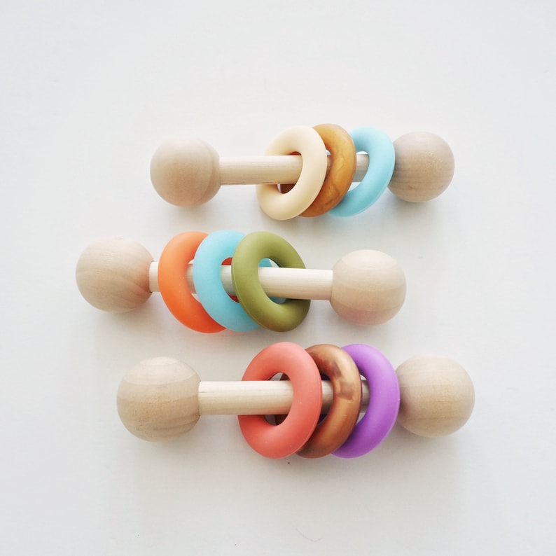 Silicone Chew Rattle Montessori Baby Toy Food Grade Silicone and Wood Rattle Made in Canada