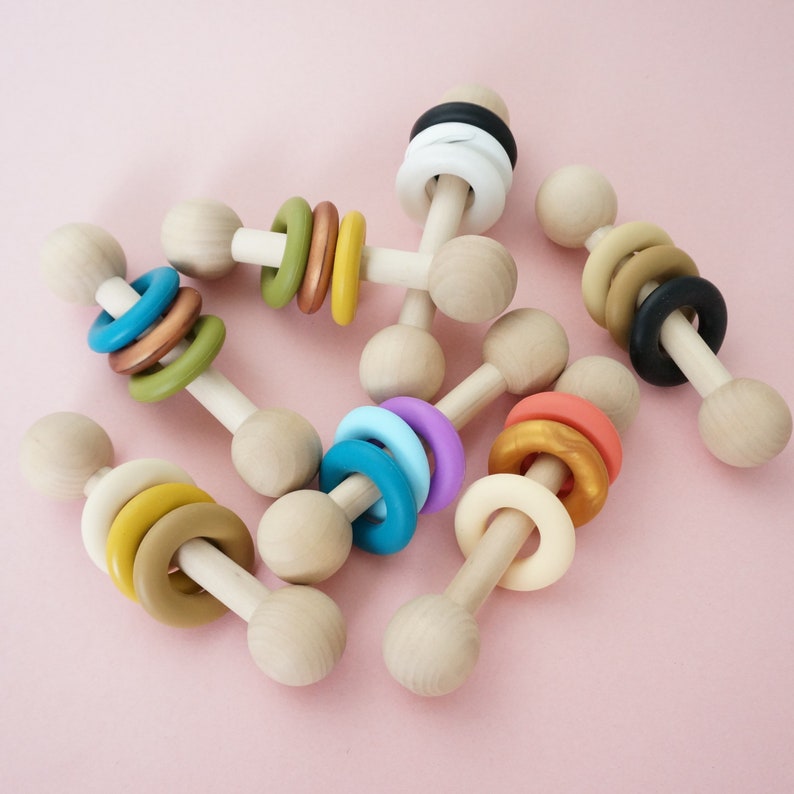 Silicone Chew Rattle Montessori Baby Toy Food Grade Silicone and Wood Rattle Made in Canada