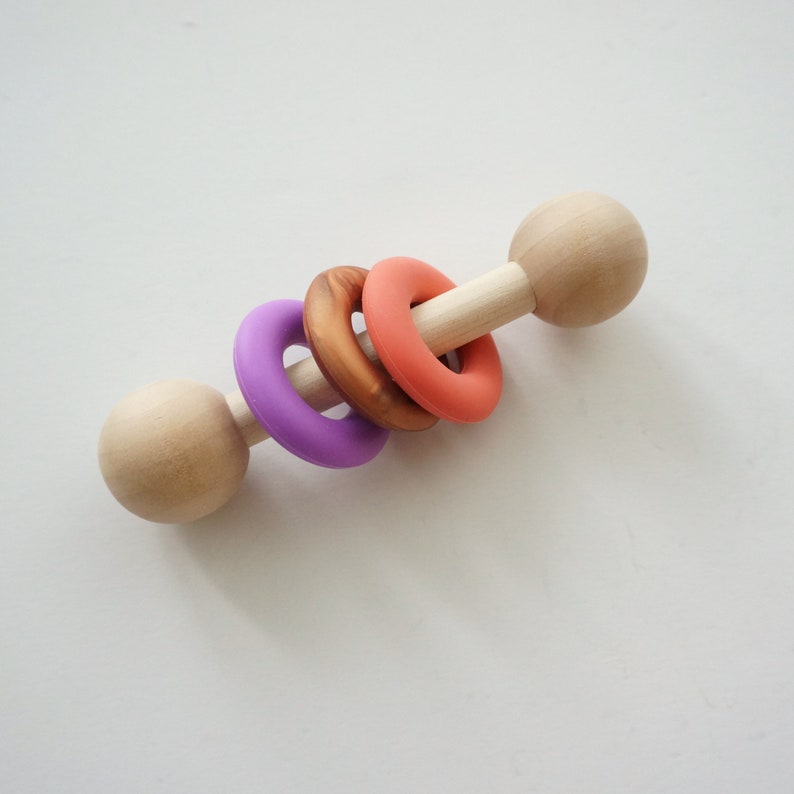 Silicone Chew Rattle Montessori Baby Toy Food Grade Silicone and Wood Rattle Made in Canada