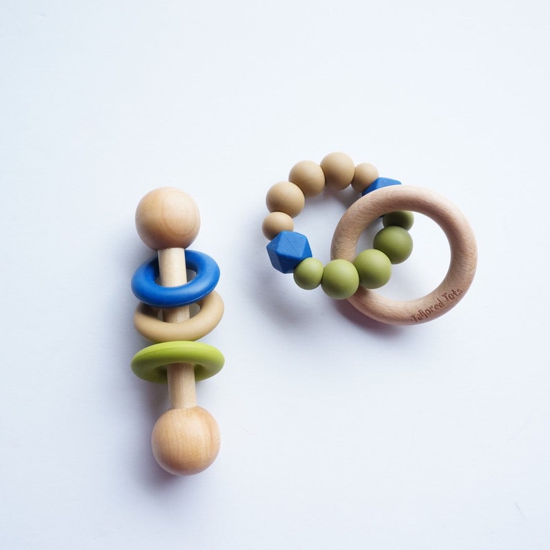 Silicone Chew Rattle Montessori Baby Toy Food Grade Silicone and Wood Rattle Made in Canada