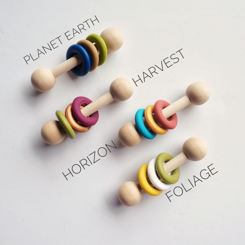 Silicone Chew Rattle Montessori Baby Toy Food Grade Silicone and Wood Rattle Made in Canada