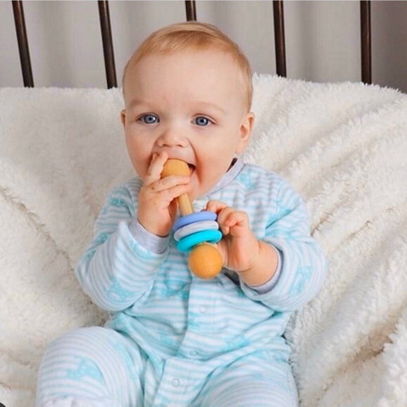 Silicone Chew Rattle Montessori Baby Toy Food Grade Silicone and Wood Rattle Made in Canada
