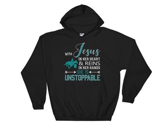 Christian Barrel Racing Hoodie, With Jesus in Her Heart & Reins in Her Hands Sweatshirt, Cowgirl Gift, Western Faith Hoodie, Barrel Racer