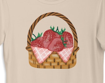 Aardbeien in mand unisex T-shirt met korte mouw, aardbei shirt, fruit shirt, aardbei top, cottagecore shirt, grafisch T-shirt