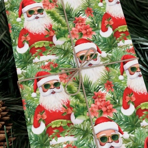 Tropical Santa Christmas Wrapping Paper - Preppy Holiday Gift Wrap - Festive Xmas Gift Wrap - Unique Santa Design, Gift Wrap Papers