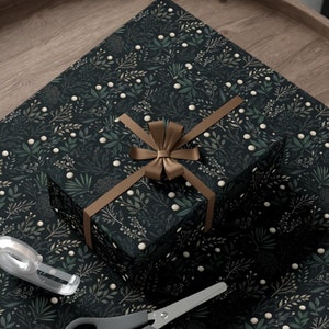 Rustic Forest Wrapping Paper, Dark Cottage-Core Winter Woodland Boho Design, Farmhouse Mistletoe Pine, Gift Wrap Roll, Gift Wrap Papers