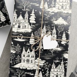 Vintage Christmas Toile, Holiday Gift Wrapping Paper Roll Black