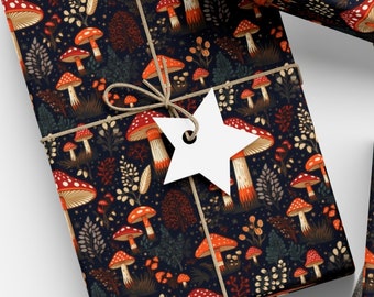 Papel de envolver del bosque de hongos de otoño e invierno - Envoltura de regalo Dark Cottagecore, Papeles de envoltura de regalo
