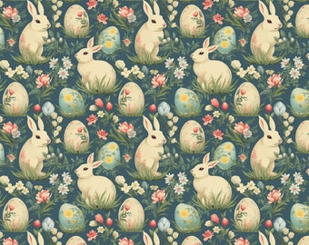 May include: A seamless pattern featuring white rabbits and pastel blue and yellow eggs on a dark teal background. The rabbits are surrounded by pink, white, and yellow flowers.