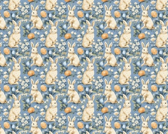 May include: A repeating pattern of cream-colored bunnies, orange carrots, blue eggs, and white flowers on a light blue background. The design is a watercolor style, creating a soft and whimsical aesthetic. The pattern is suitable for Easter-themed products.
