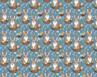 May include: A repeating pattern of brown bunnies sitting in baskets filled with blue and yellow eggs on a light blue background.