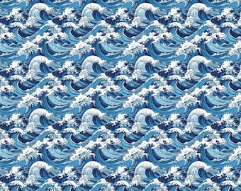 May include: A repeating pattern of blue and white waves. The waves are stylized and resemble traditional Japanese woodblock prints.