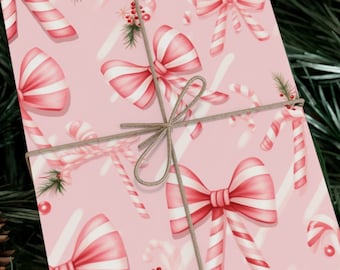 Wrapping Paper Christmas Wrapping Paper Blush Bow Candy Cane Pink Gift Wrap Holiday Wrapping Paper Festive Gift Wrap