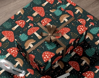 Papier d’emballage Papier d’emballage de champignons de Noël Boho Emballage cadeau de Noël Papier d’emballage unique Mignon Boho Wrap Cottagecore Forest Holiday