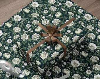 Chinoiserie Forest Green Floral Wrapping Paper - Elegant Holiday Gift Wrap, Gift Wrap Papers, Chinoiserie Paper