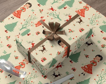 Wrapping Paper Reindeer Girl Christmas Wrapping Paper Retro Christmas Gift Wrap Christmas Gift Wrap Holiday Wrapping Paper