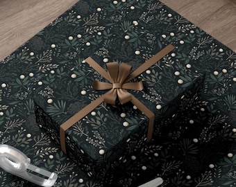 Rustic Forest Wrapping Paper, Dark Cottage-Core Winter Woodland Boho Design, Farmhouse Mistletoe Pine, Gift Wrap Roll, Gift Wrap Papers