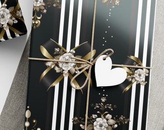 Papel de embrulho com listras, papel de embrulho para presente de aniversário, papel de embrulho elegante, casamento, premium, preto, ocasião especial