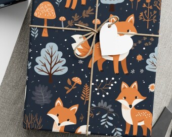 May include: Three gift boxes wrapped in blue and white wrapping paper with a fox and forest design. The boxes are tied with twine and have white gift tags attached.