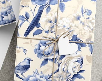 Wrapping Paper Chinoiserie Floral Gift Wrap Blue White Cream Wrapping Paper Roll Luxury Wrapping Paper Wedding Toile Gift Wrap Paper
