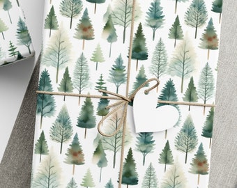 Watercolor Woodland Tree Christmas Wrapping Paper - Rustic Holiday Gift Wrap, Christmas Wrapping Paper