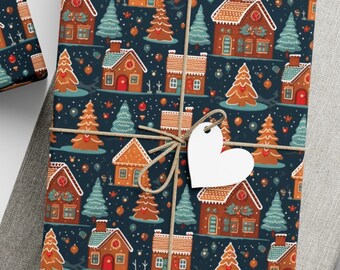 刺繍風ジンジャーブレッドビレッジクリスマスラッピングペーパー - お祝いホリデーギフトラッピング、ギフトラッピングペーパー、クリスマスジンジャーブレッドギフトラッピング