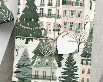 Wrapping Paper Blush Green Paris Apartments Christmas Wrapping Paper Parisian Christmas Gift Wrap Festive Holiday Design Parisian Elegant