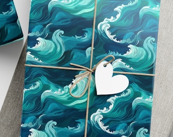 May include: Three gift boxes wrapped in blue and green wave patterned wrapping paper. The boxes are tied with twine and decorated with white paper stars and hearts.