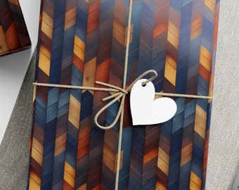 Peut inclure: Trois boîtes cadeaux emballées dans du papier à motifs marron et bleu avec des étiquettes cadeaux en forme d'étoile et de cœur blanches. Les boîtes sont attachées avec de la ficelle et reposent sur une surface en tissu gris.