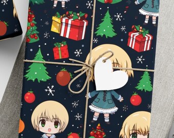 Può includere: Carta da regalo blu e bianca con un motivo ripetitivo di ragazze dei cartoni animati, alberi di Natale, regali e fiocchi di neve.