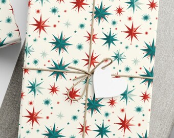 Vintage 1950s Retro Stars Christmas Wrapping Paper - Nostalgic Holiday Gift Wrap - Festive Red, Green, Gift Wrap Papers