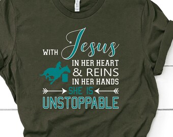 With Jesus In Her Heart & Reins In Her Hands She is Unstoppable Short-Sleeve Unisex T-Shirt, Christian Barrel Racing Shirt, Barrel Racer Tee