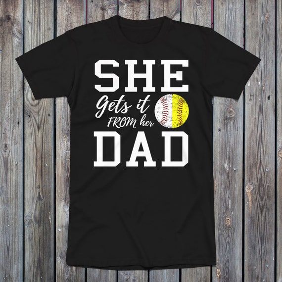 She Gets It From Her Dad Bella + Canvas 3001 Unisex Short Sleeve Jersey T-Shirt with Tear Away Label, Baseball Player Dad, Softball Dad
