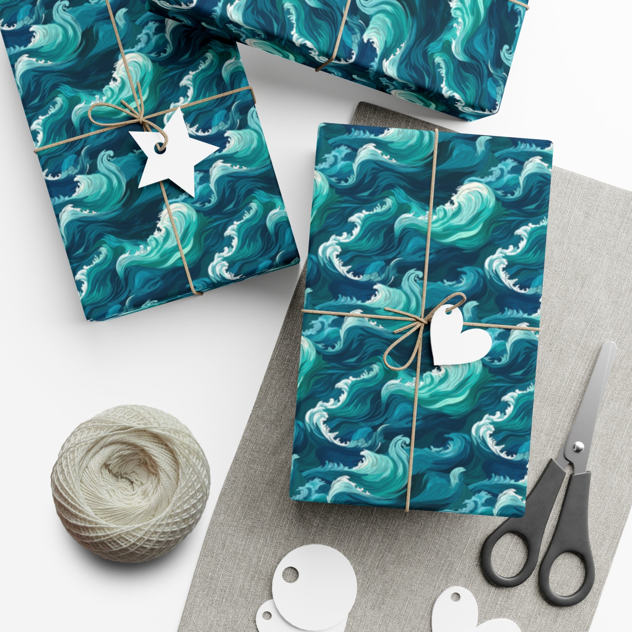 Premium Ocean Waves Wrapping Paper in Teal - Vibrant and Unique Gift ...