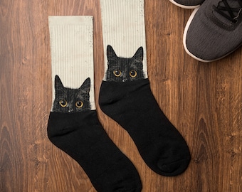 Socks Peeking Cat Retro Design for Men and Women Quirky Crew Socks Funny Black Cat Socks Peek a Boo Socks